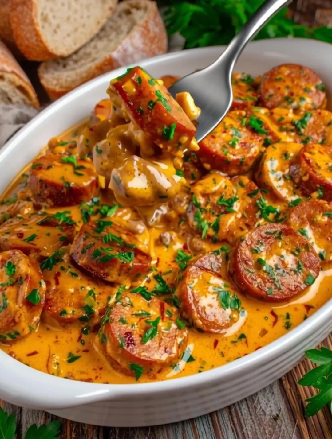 Zweedse Wurststroganoff in romige sahnesaus geserveerd in een kom.