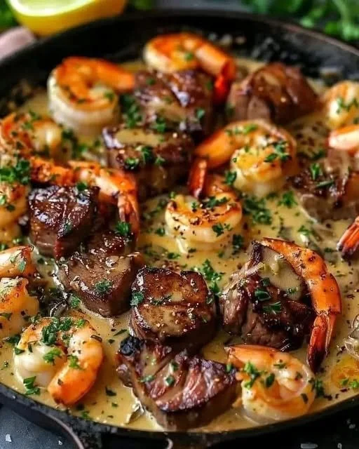 Biefstuk en zeevruchten in knoflook-parmezaanse roomsaus in een koekenpan