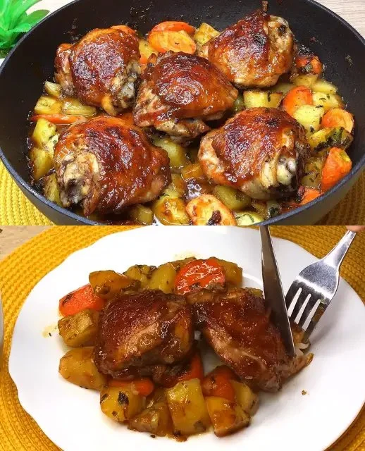 Eenpansgerecht met kipdijfilet, groenten en kruiden, eenvoudig te maken.