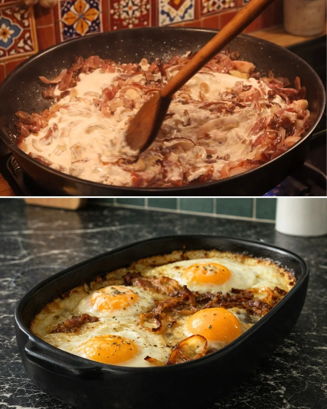 Eieren gratin met room en ui in een ovenschotel.