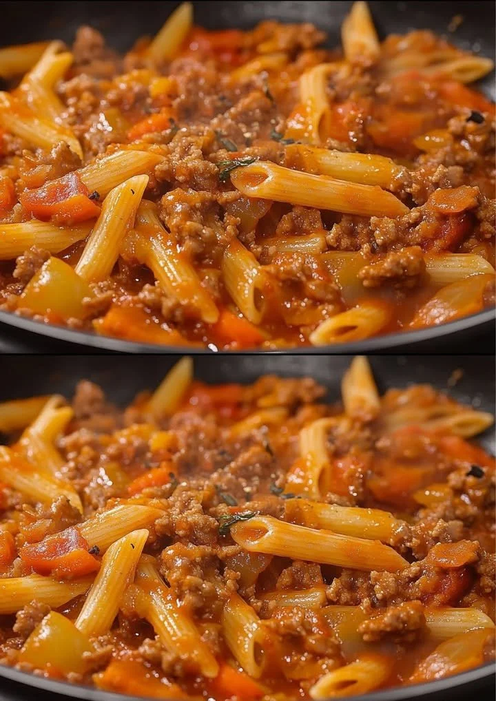 Heerlijke pasta met gehakt op een bord, versierd met kruiden.