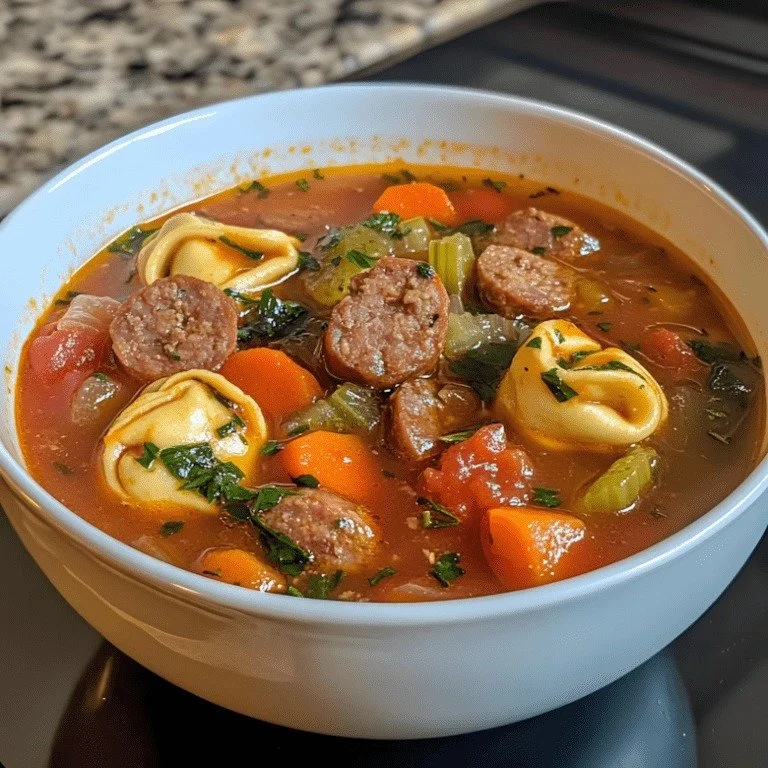 Heerlijke tortellini soep met worst in kom, warm en uitnodigend.