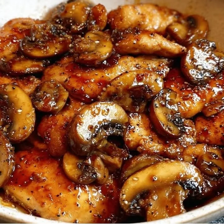 Heerlijke kip met champignons, knoflook en honing op een bord