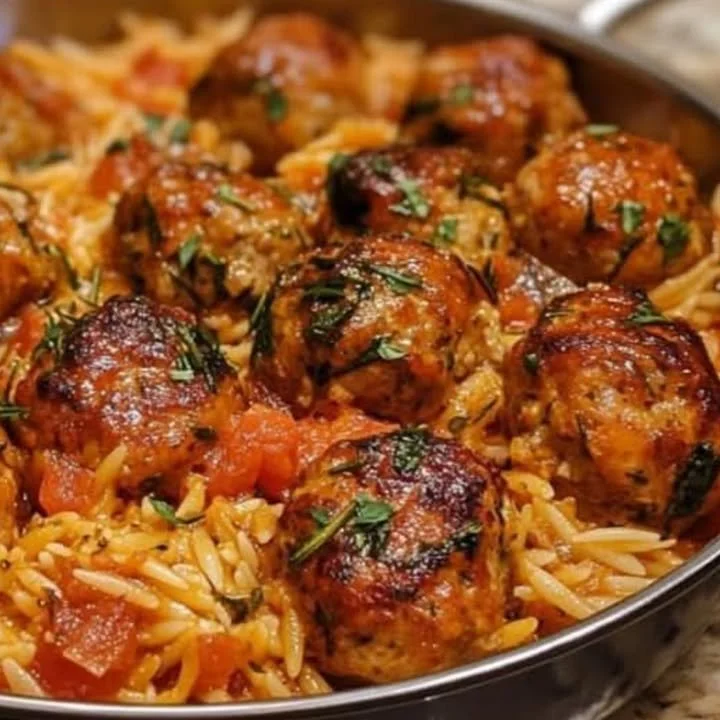Kipgehaktballetjes met rozemarijn en tomaat orzo, een smakelijk recept.