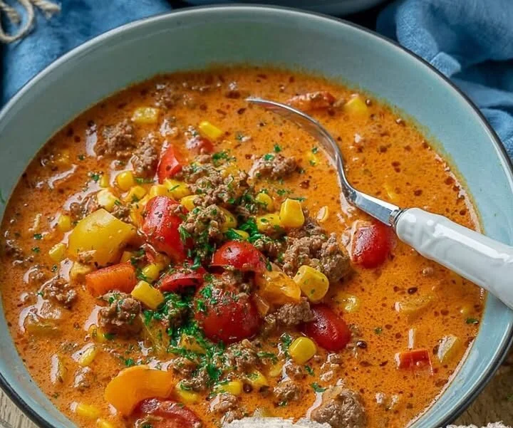 Een kom Pizza Soep met verse ingrediënten en kaas topping
