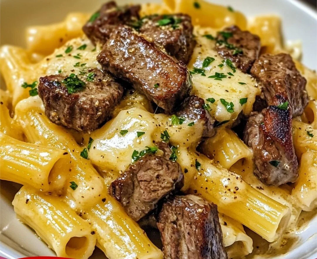 Heerlijke rigatoni met biefstuk op een bord, geserveerd met verse kruiden
