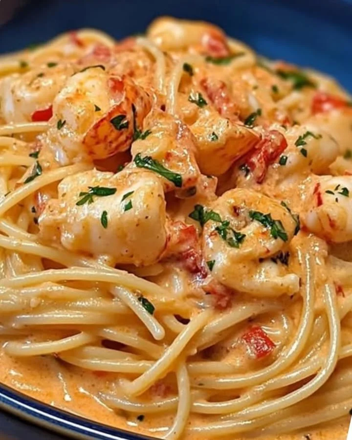 Romige linguine met kreeft en Parmezaanse kaassaus met knoflook op een bord