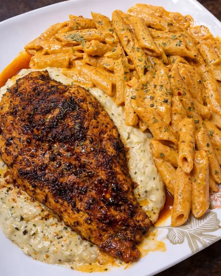 Romige pasta met glazuurde kip op een bord, klaar om te serveren.