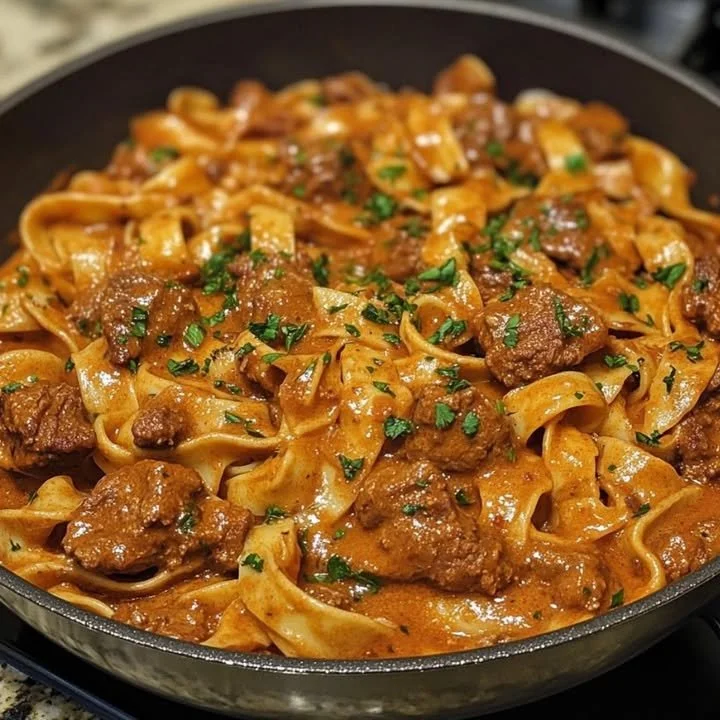 Romige pasta met rundvlees en tomaat, een heerlijke maaltijd.