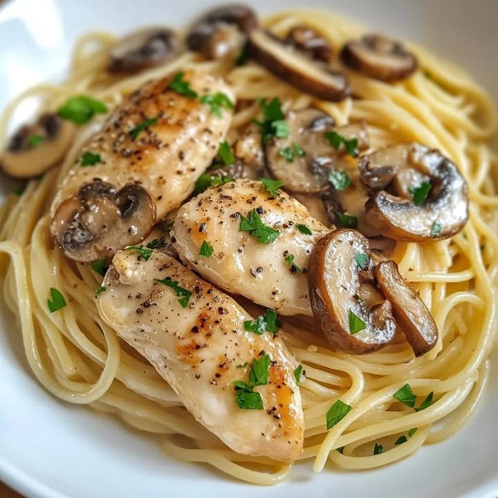 Spaghetti met kip en champignons op een bord, zuurvers, en smaakvol bereid.