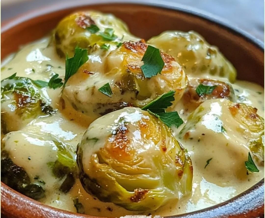 Spruitjes in roomkaas mosterd saus op een bord