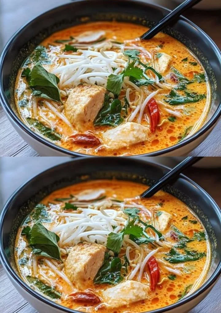 Thaise rode curry noedelsoep met versიური ingrediënten en kruiden.