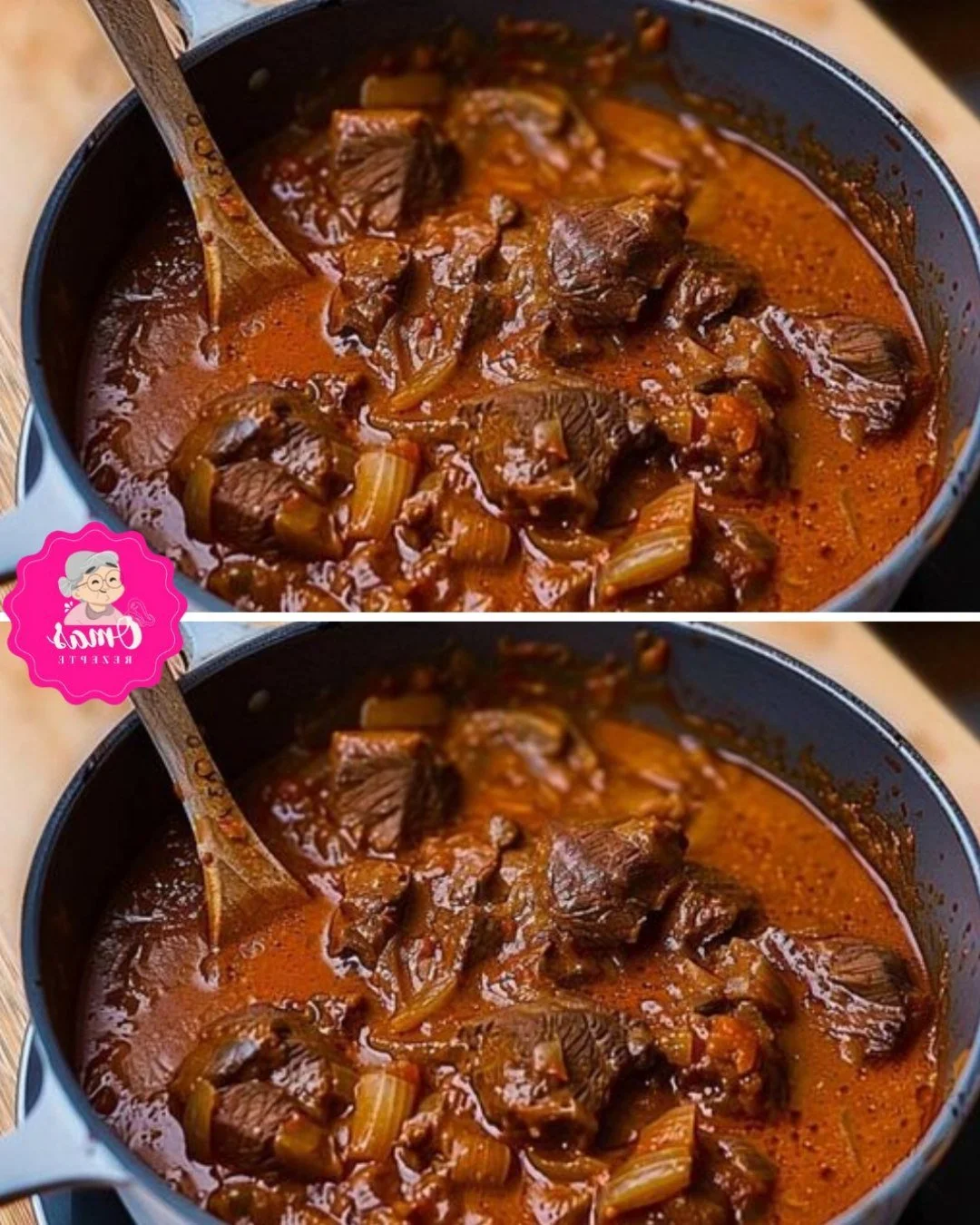 Heerlijke Wiener sapgoulash geserveerd in een kom, versierd met kruiden.