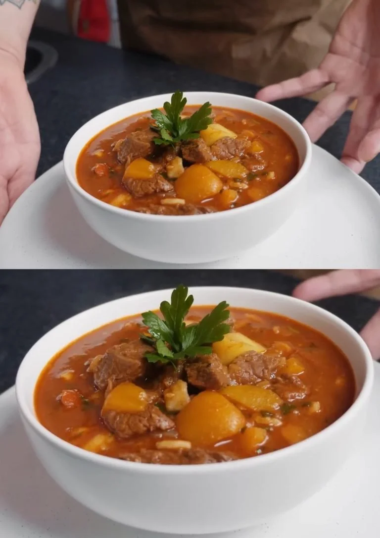 Een kom Hongaarse Goulash met groenten en vlees, een traditioneel Hongaarse maaltijd.