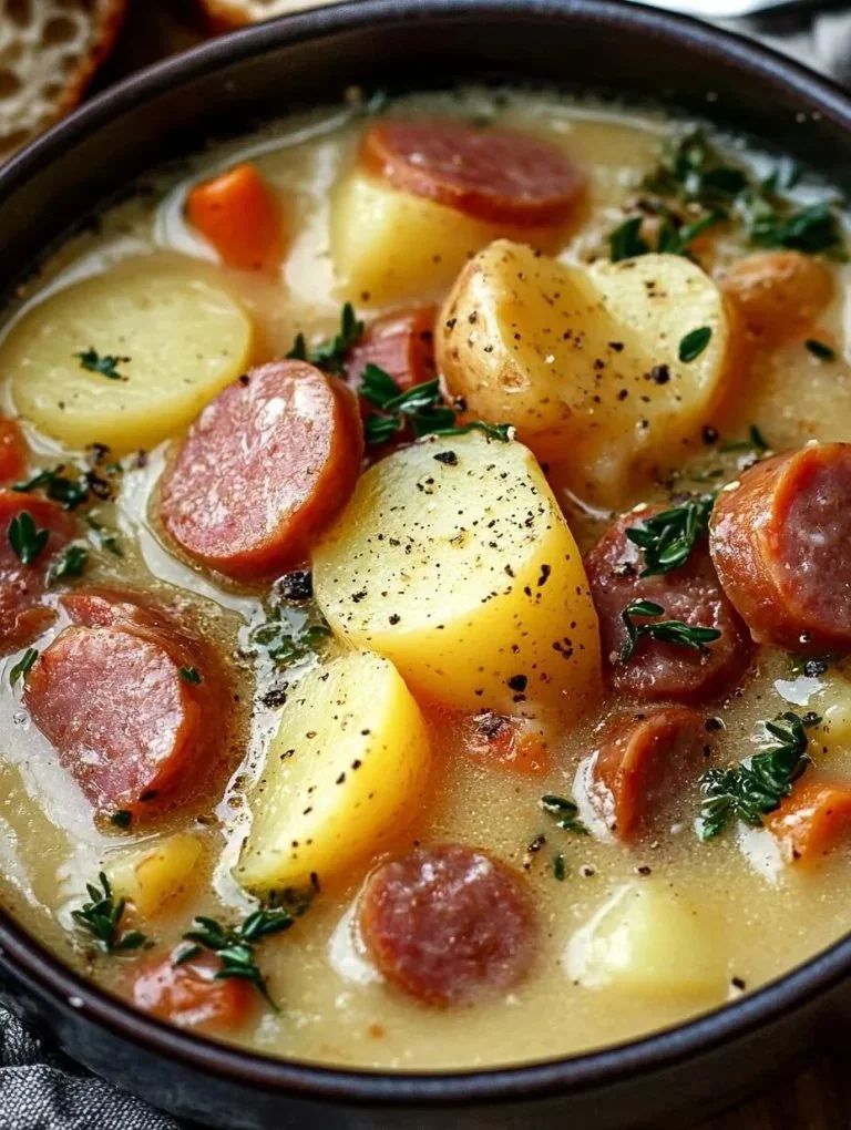 Kielbasa Aardappelsoep in een kom, versierd met kruiden