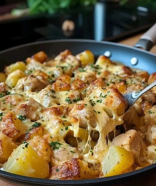 Kip Aardappel Skillet met kaas in een pan