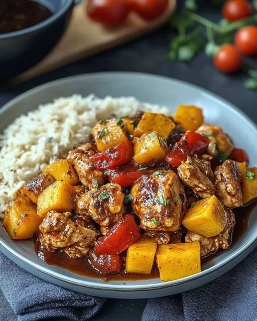 Kip met Caribische Jerk kruiden en ananas op een bord