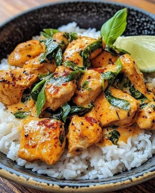 Kip met kokosmelk en Thaise basilicum op een bord, een exotisch gerecht.