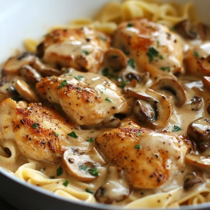 Heerlijke Kip Stroganoff geserveerd met rijst en groenten.