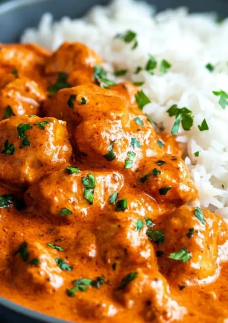 Heerlijke Kip Tikka Masala geserveerd met Basmati Rijst op een bord.