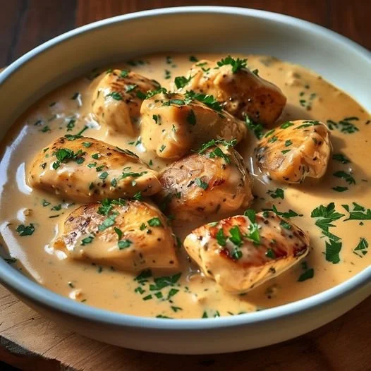 Kipfilet met mosterd-wittewijnsaus op een bord