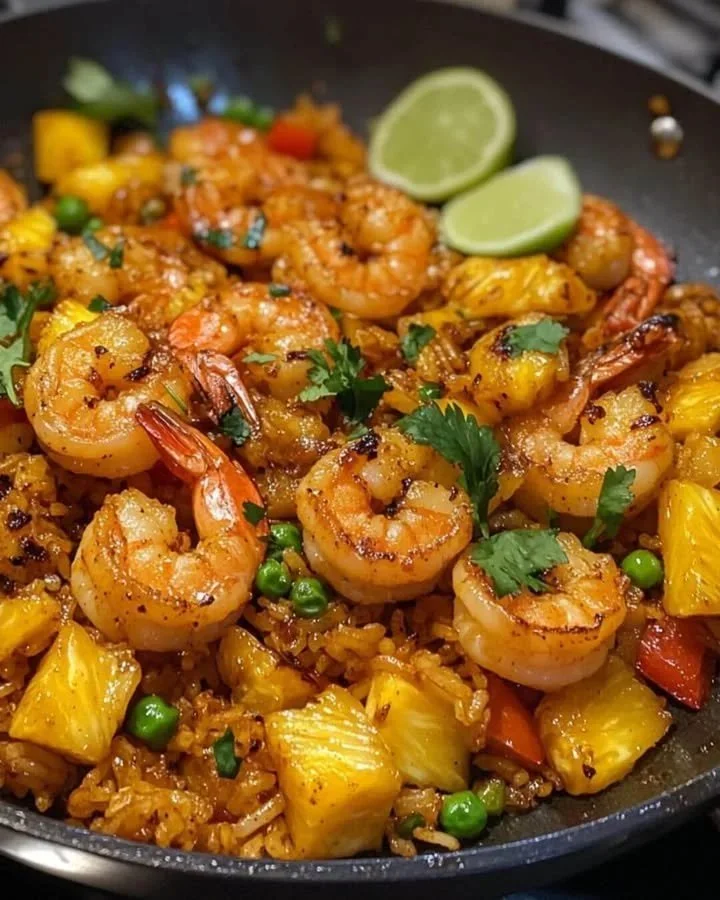 Kruiden garnalen met ananas en kokosmelk op een bord, kleurrijk en smakelijk gerecht