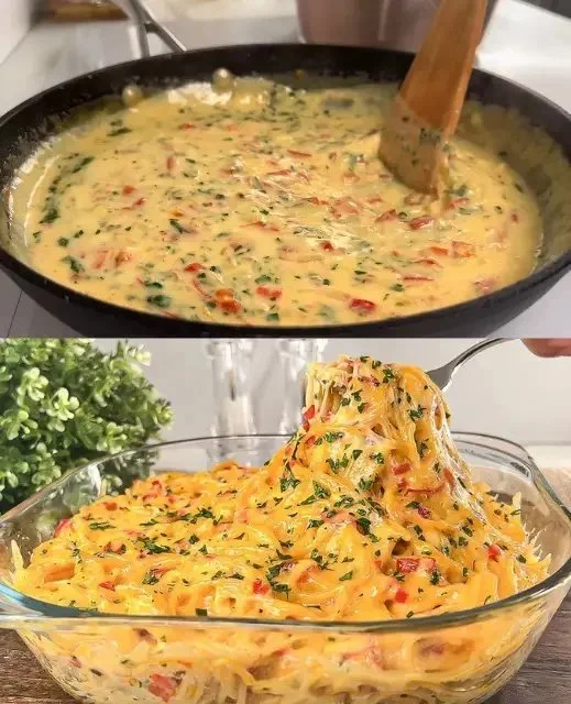 Ovenschotel met spaghetti en kaas, een smakelijk en eenvoudig gerecht.