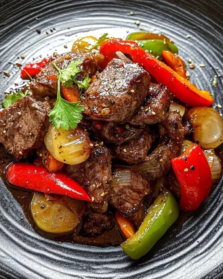 Heerlijke peppersteak met paprika en uien op een bord