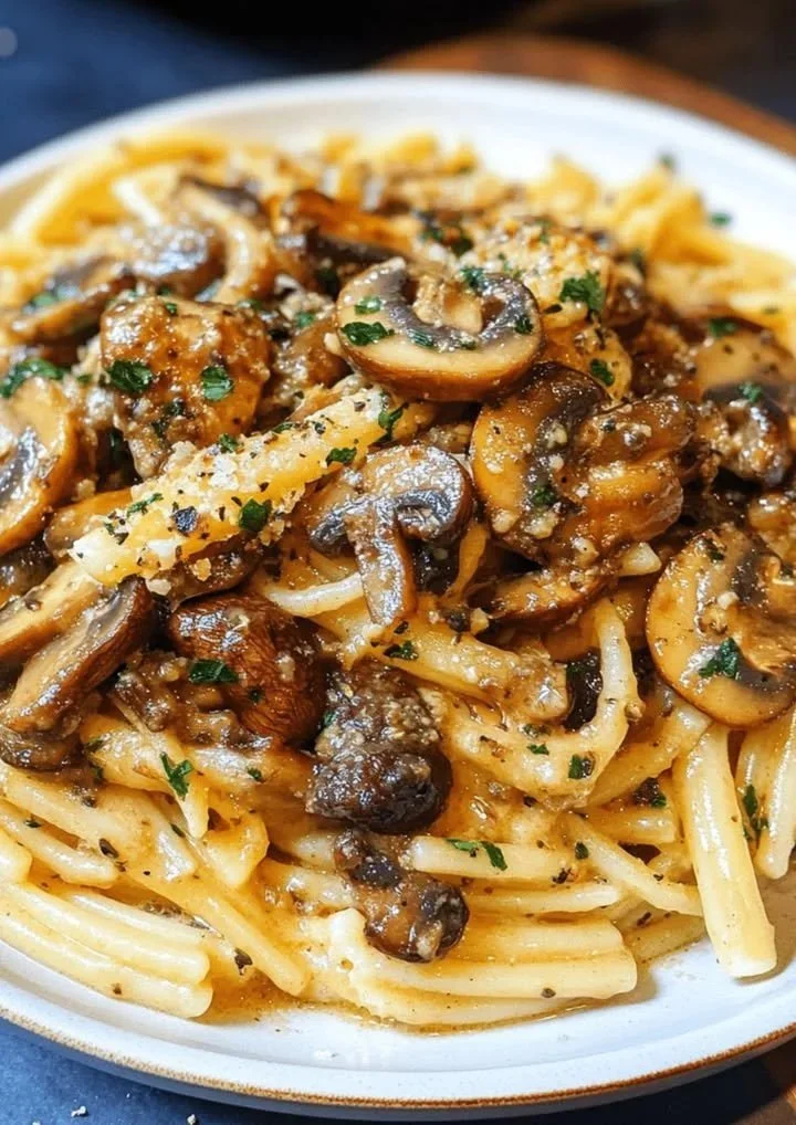 Romige bruine boter paddestoelen pasta in een bord met verse kruiden