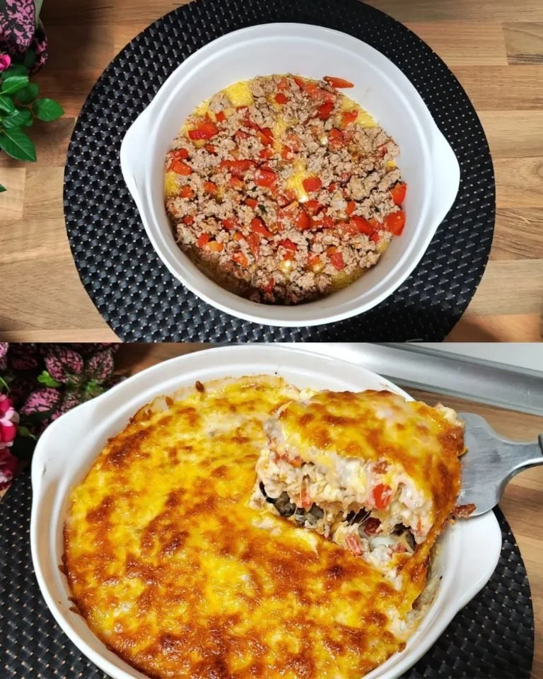 Romige gehaktvermicelli schotel met een kaaslaagje uit de oven.