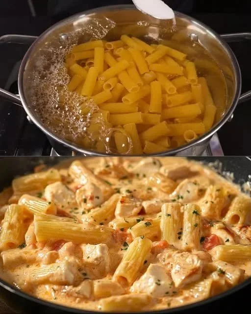 Romige kip pasta met verse ingrediënten en kruiden op een bord