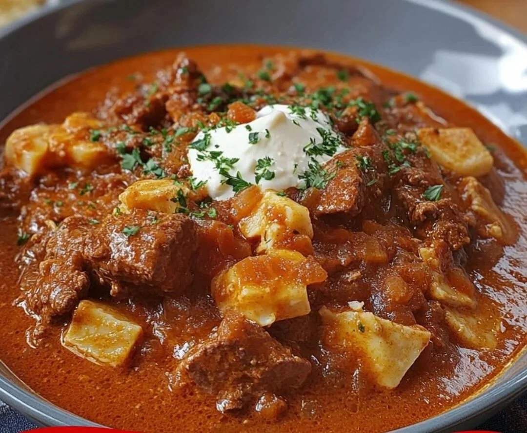 Szegediner goulash met paprika en vlees in een kom