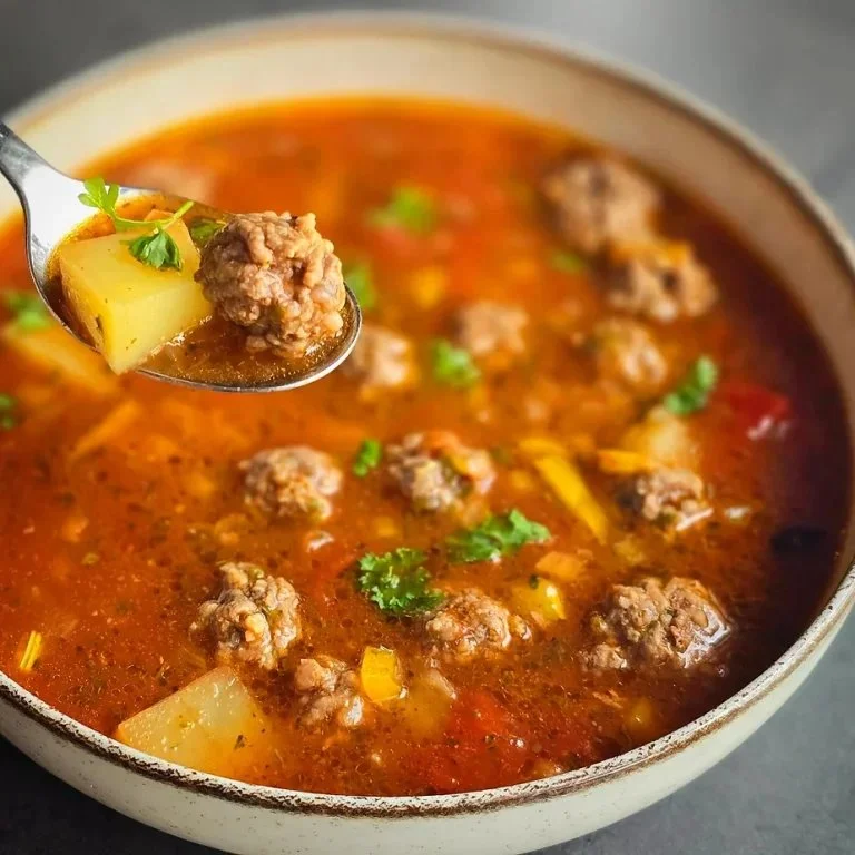 Turkse aardappel tomatensoep met gehaktballen in een kom