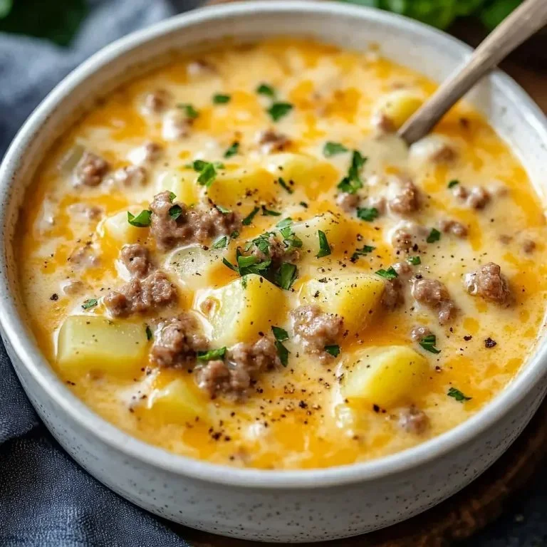 Kaas Hamburger Aardappeltsoep, een romige soep met kaas en hamburgerstukjes.