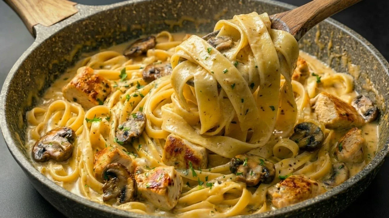 Heerlijke Kip Alfredo Pappardelle gerecht, snel en eenvoudig te maken.