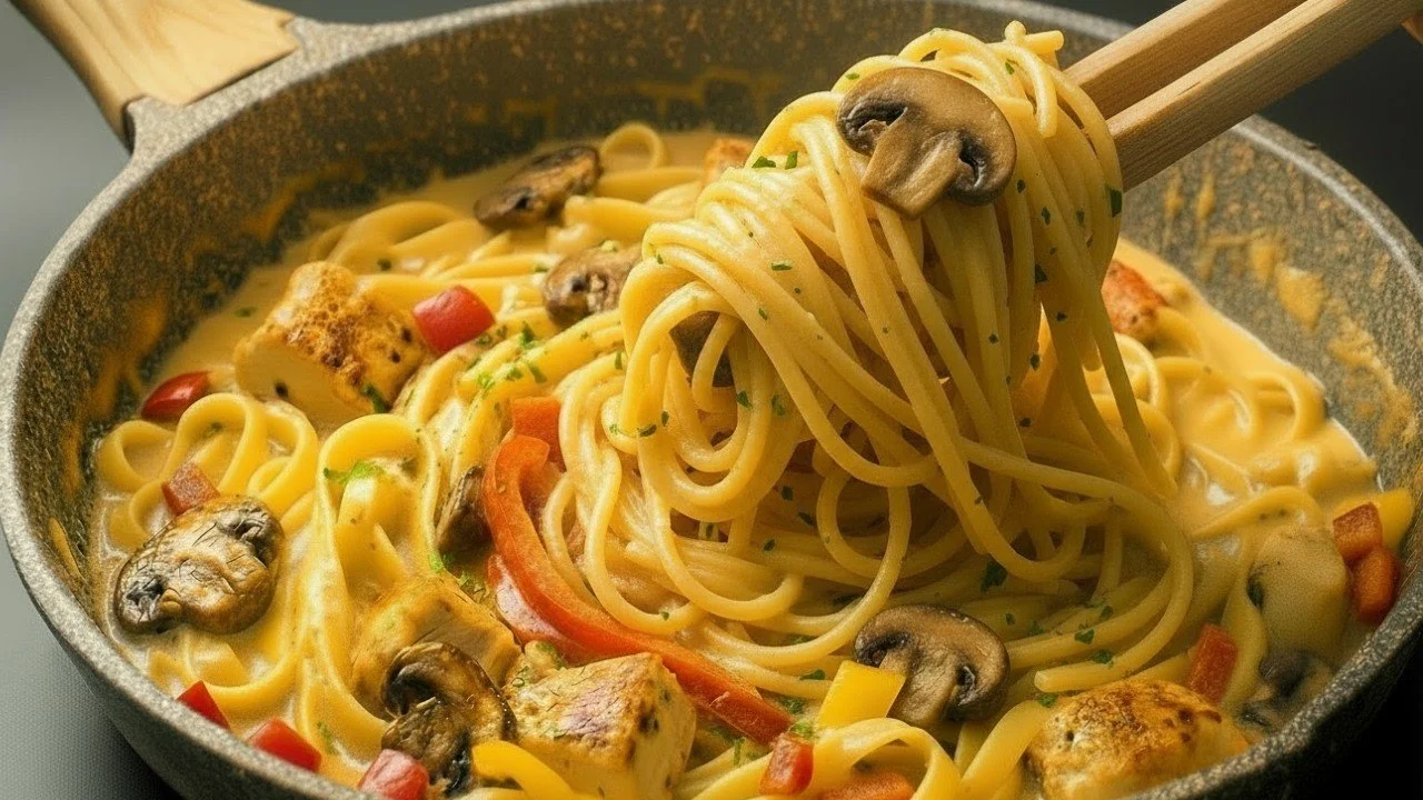 Snel en lekker recept voor Kip Alfredo Linguine, klaar in 5 minuten.