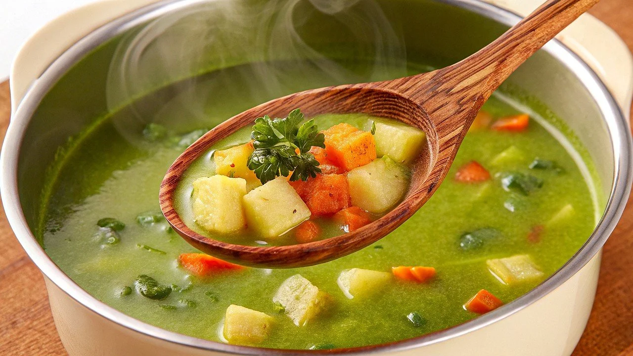 Een kom aardappelsoep met toppings als bieslook en croutons