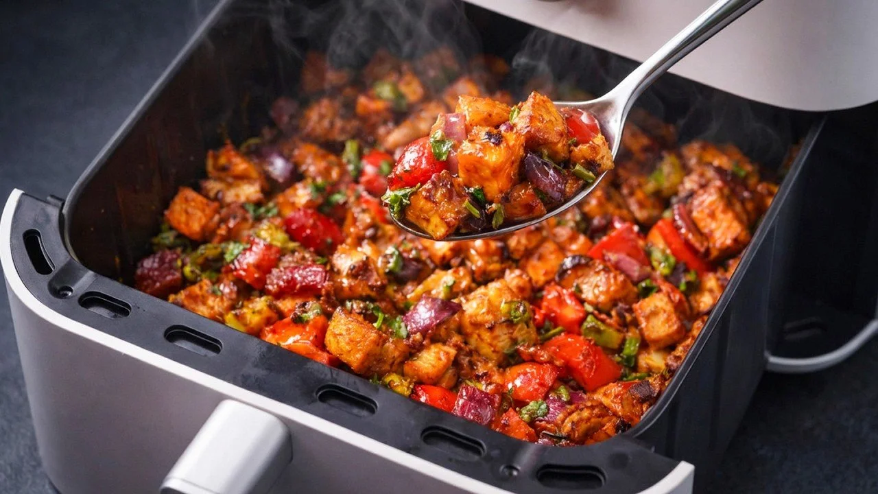 Airfryer gegrilde kip met kleurrijke groenten op een bord.