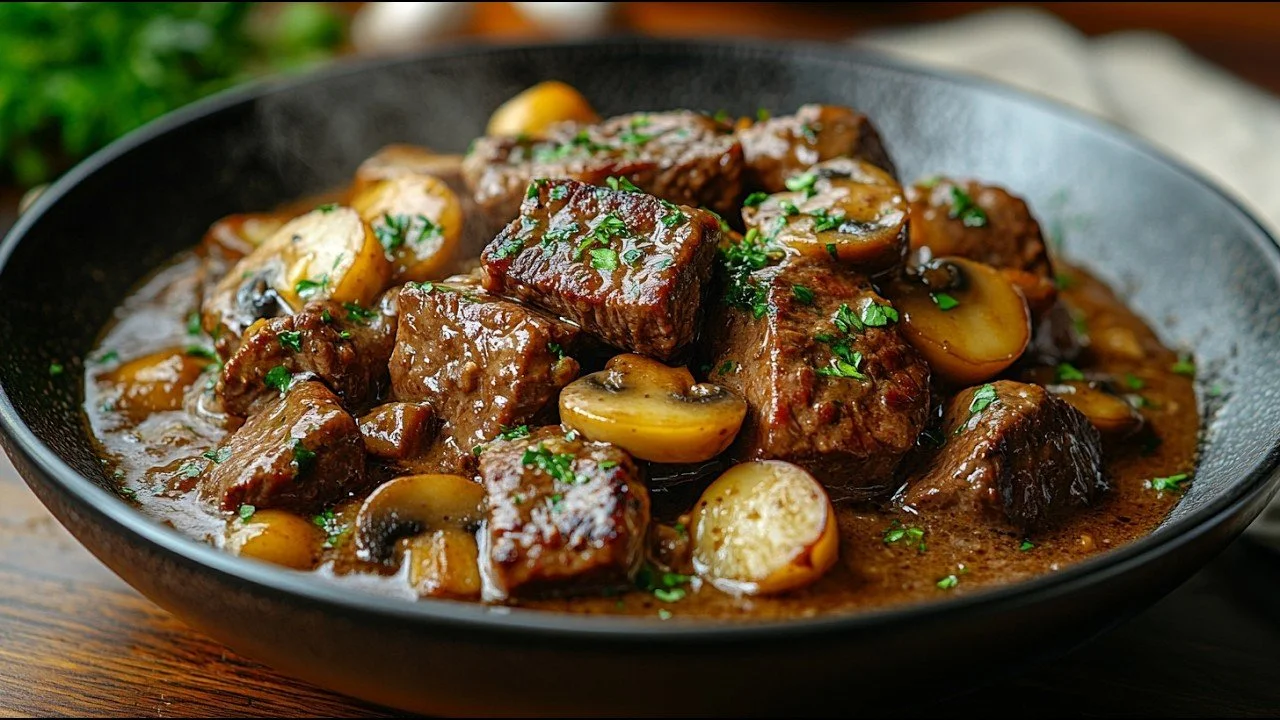 Heerlijke biefstuk met champignons op een bord geserveerd