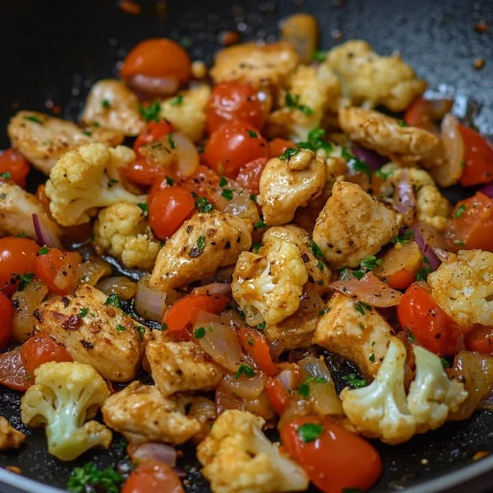 Bloemkool met kipfilet in romige kaassaus geserveerd op een bord