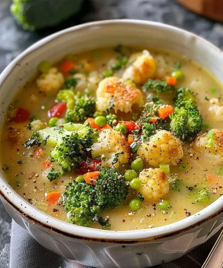 Heerlijke broccoli-bloemkoolsoep in een kom, met verse ingrediënten.
