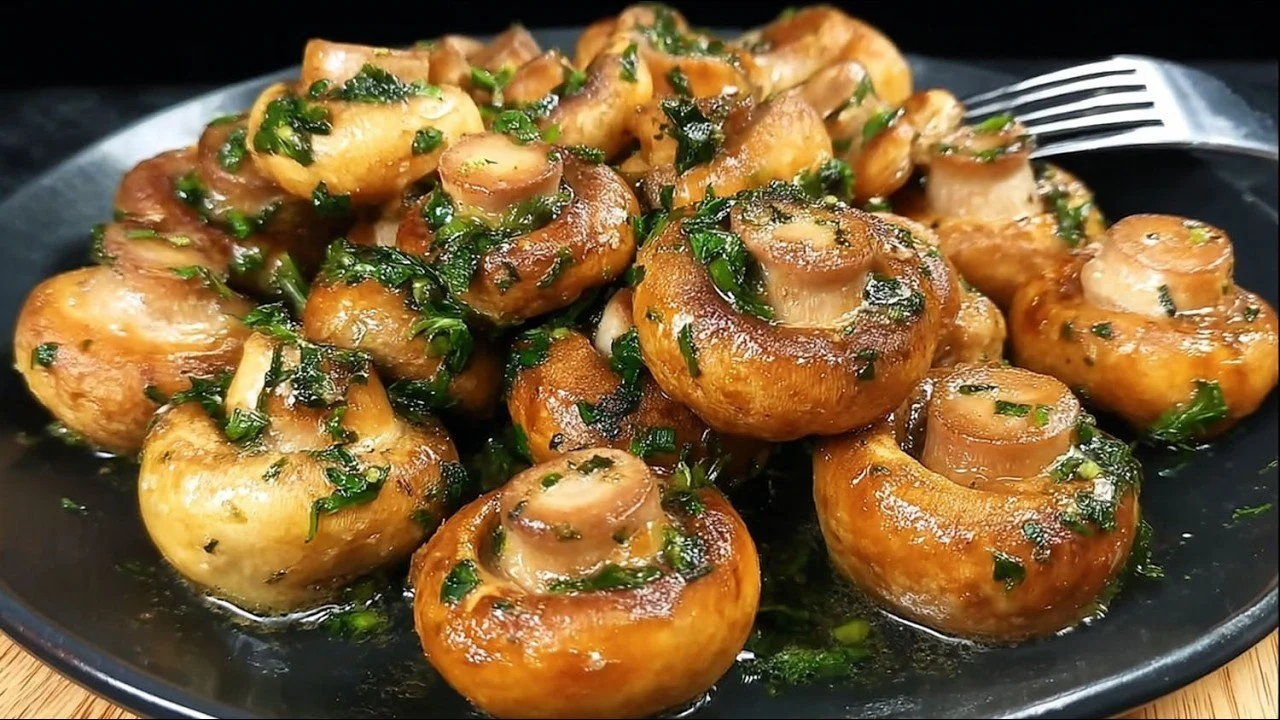 Champignons met knoflook in een pan, klaar om geserveerd te worden.