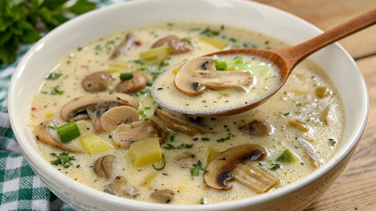 Bord met romige champignonsoep, garnished met peterselie.