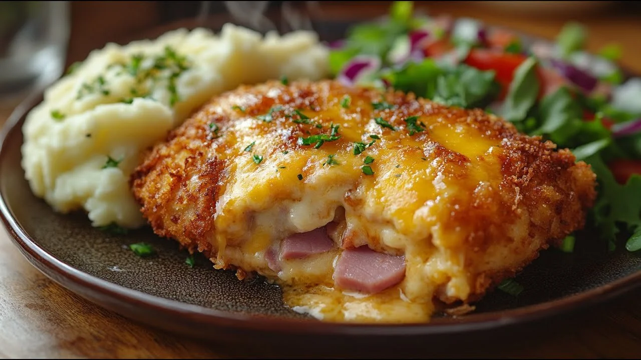 Heerlijke Cordon Bleu met kip, ham en kaas, perfect gebakken voor een smakelijk diner.
