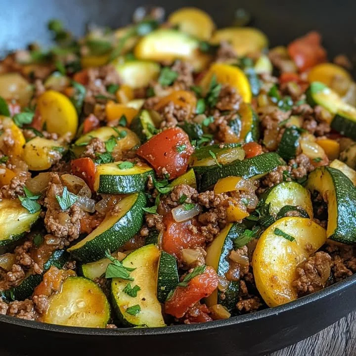 Gezonde maaltijd met courgette en gehakt op een bord.
