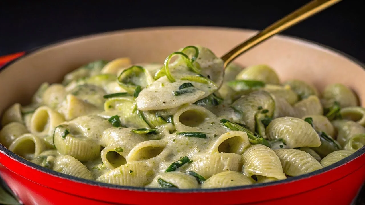Gezonde courgettepasta geserveerd met verse ingrediënten.