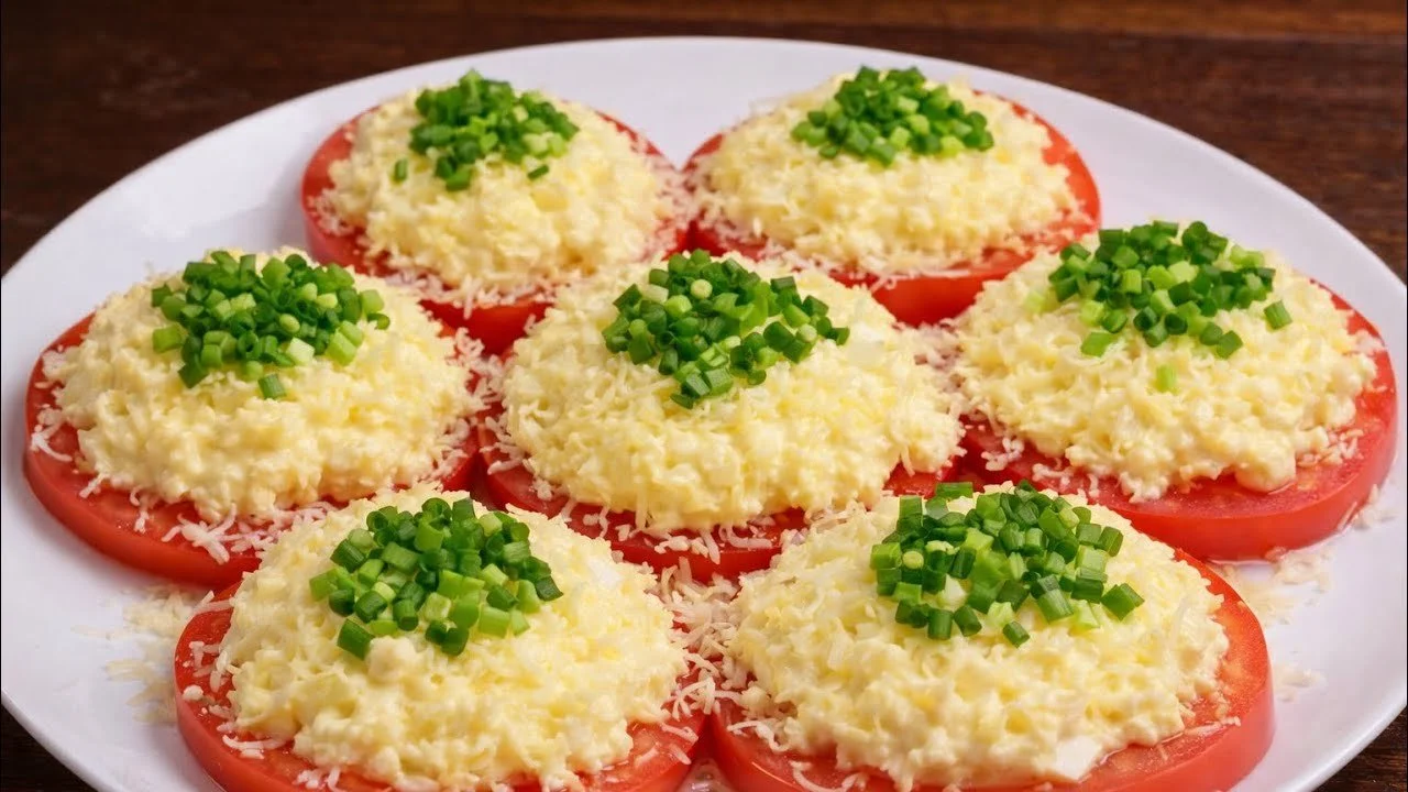 Heerlijke tomaatappetizer geserveerd op een elegante schaal