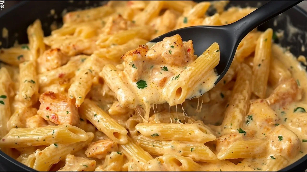 Een bord met de smakelijkste pasta ooit gekookt, rijk aan sauzen en toppings.
