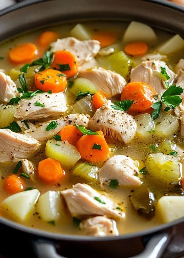 Zelfgemaakte kippengroentesoep met verse ingrediënten in een kom
