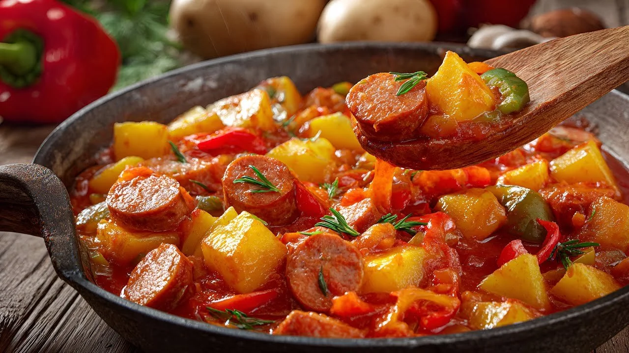 Heerlijke Duitse aardappelmaaltijd met verschillende ingredienten op een bord.